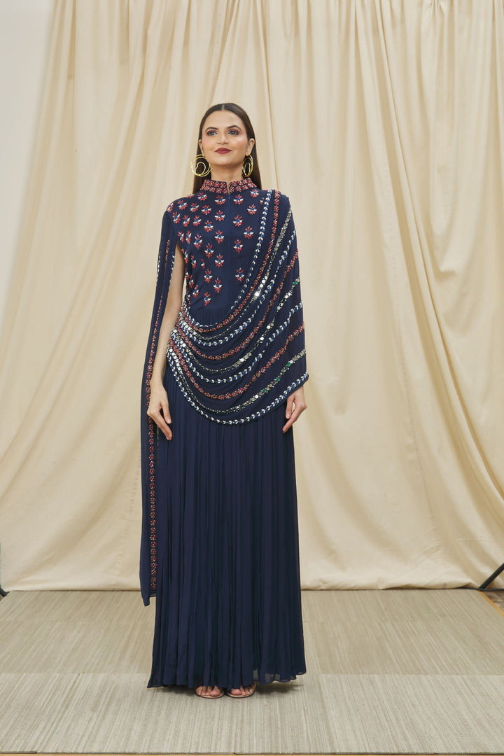 Navy Blue Chinon Embroidered Gown