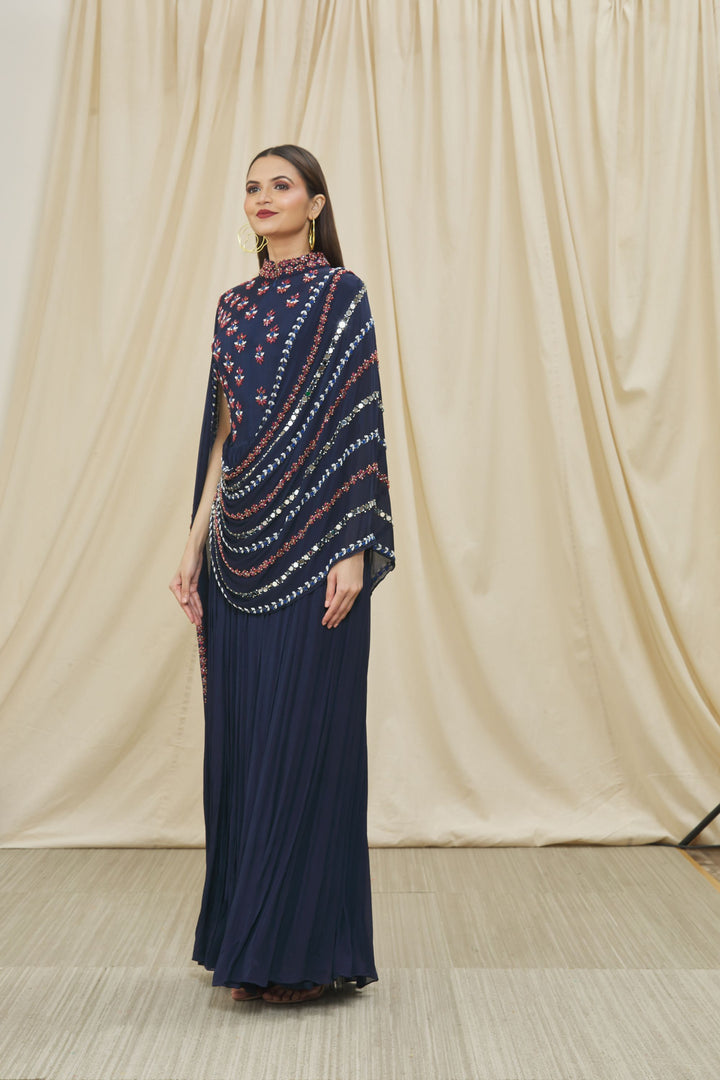 Navy Blue Chinon Embroidered Gown