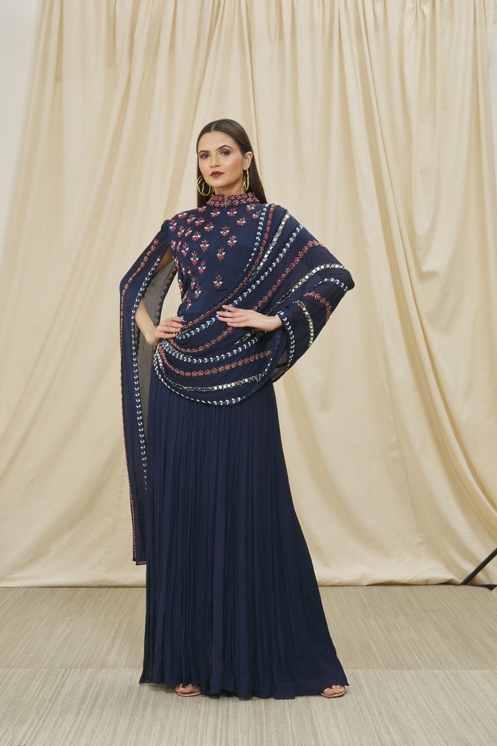 Navy Blue Chinon Embroidered Gown