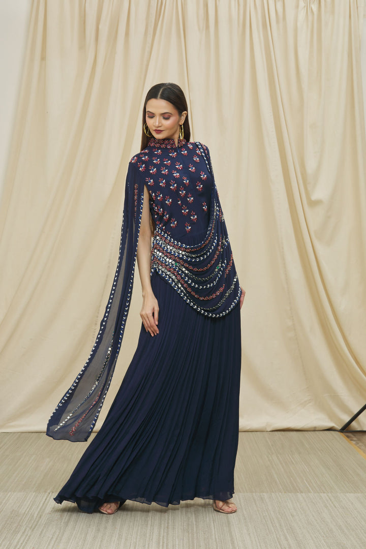 Navy Blue Chinon Embroidered Gown