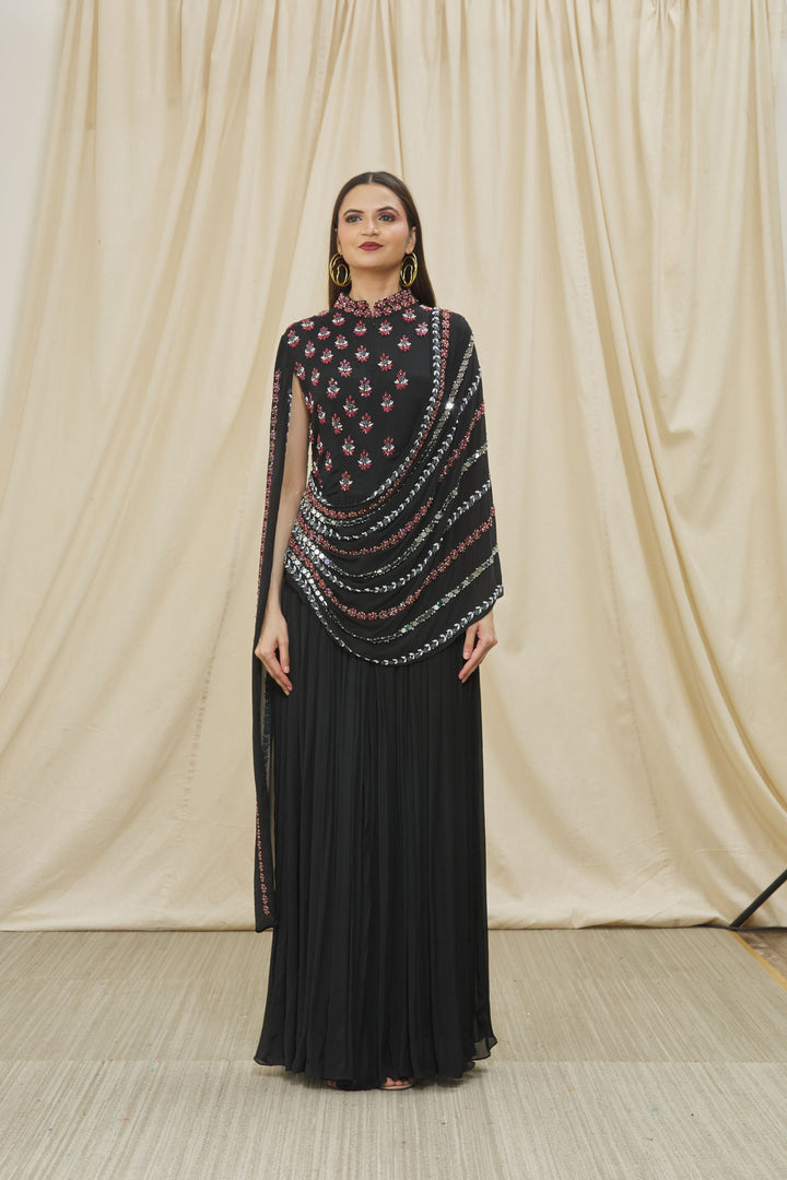 Black Chinon Embroidered Gown