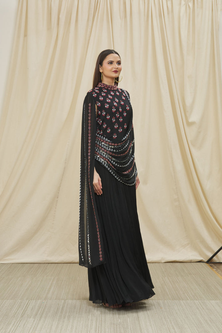 Black Chinon Embroidered Gown