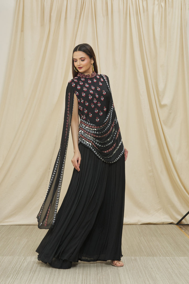 Black Chinon Embroidered Gown