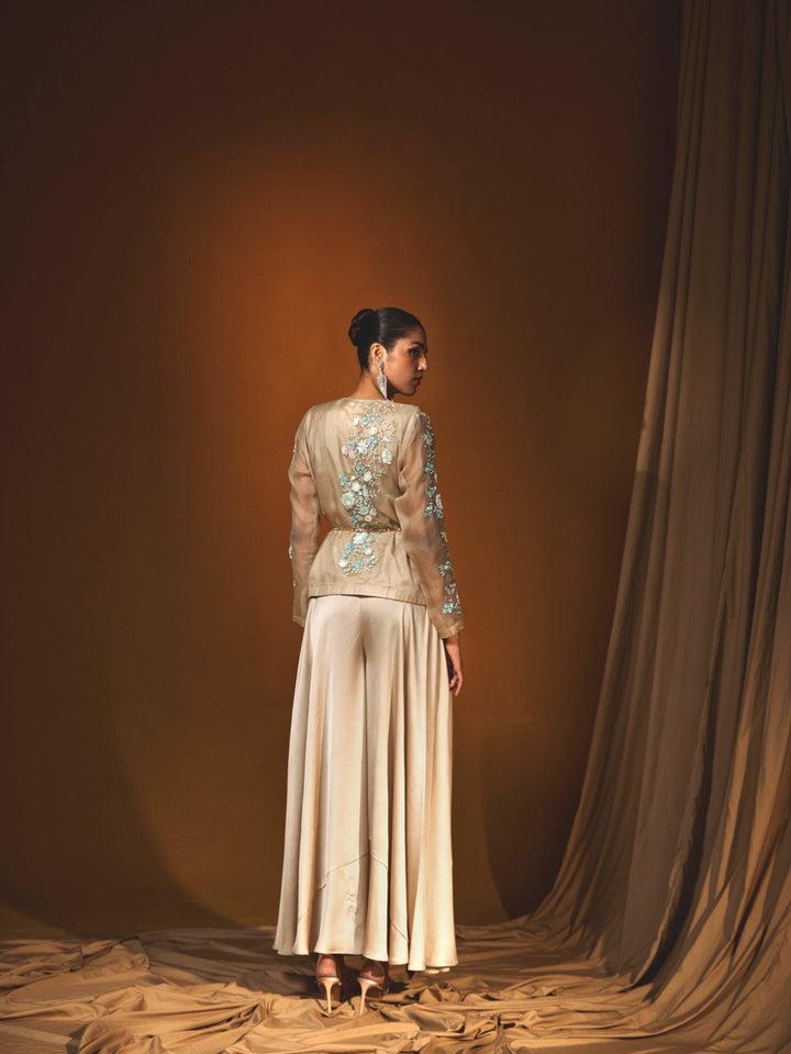 Soft aquamarine and deep gold organza  Shirt jacket & Pant Set with sequins