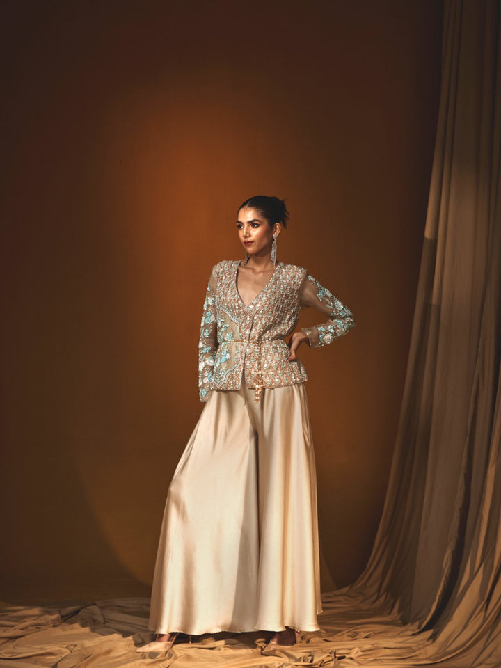 Soft aquamarine and deep gold organza  Shirt jacket & Pant Set with sequins