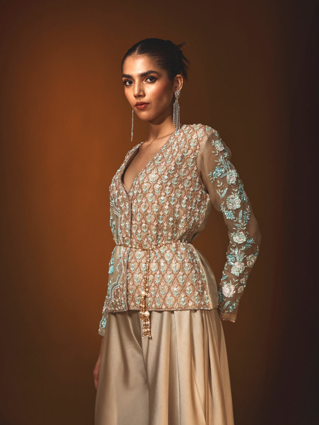 Soft aquamarine and deep gold organza  Shirt jacket & Pant Set with sequins