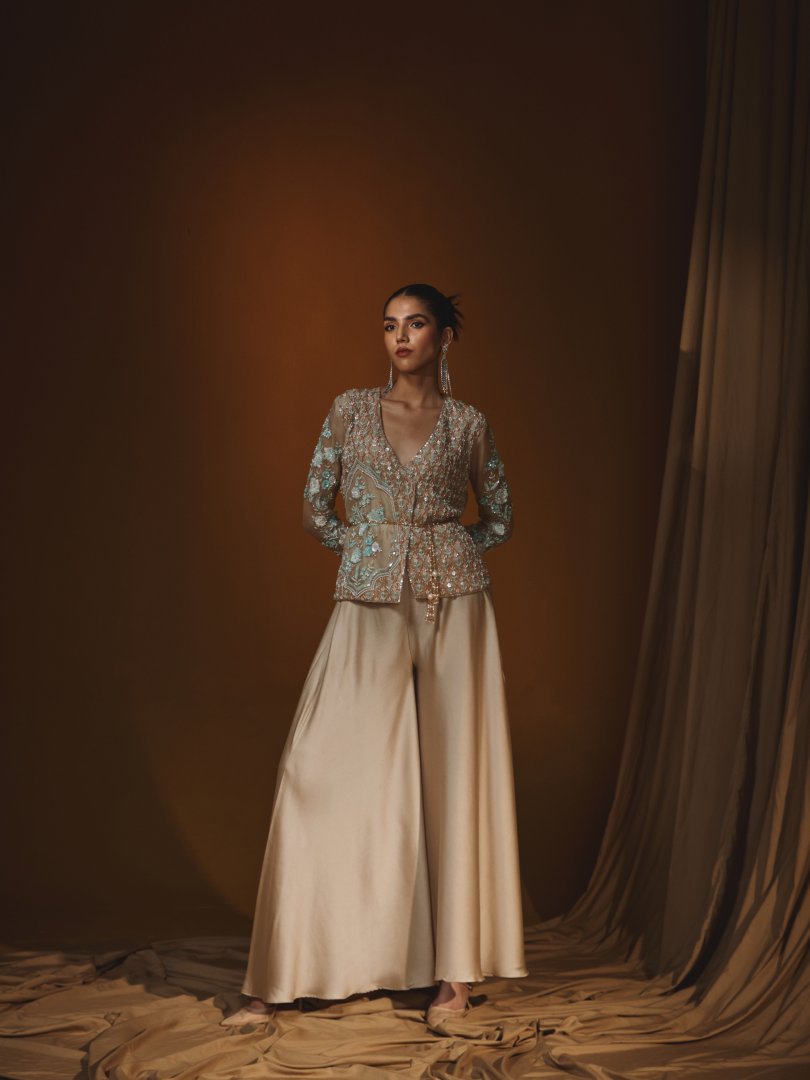 Soft aquamarine and deep gold organza  Shirt jacket & Pant Set with sequins