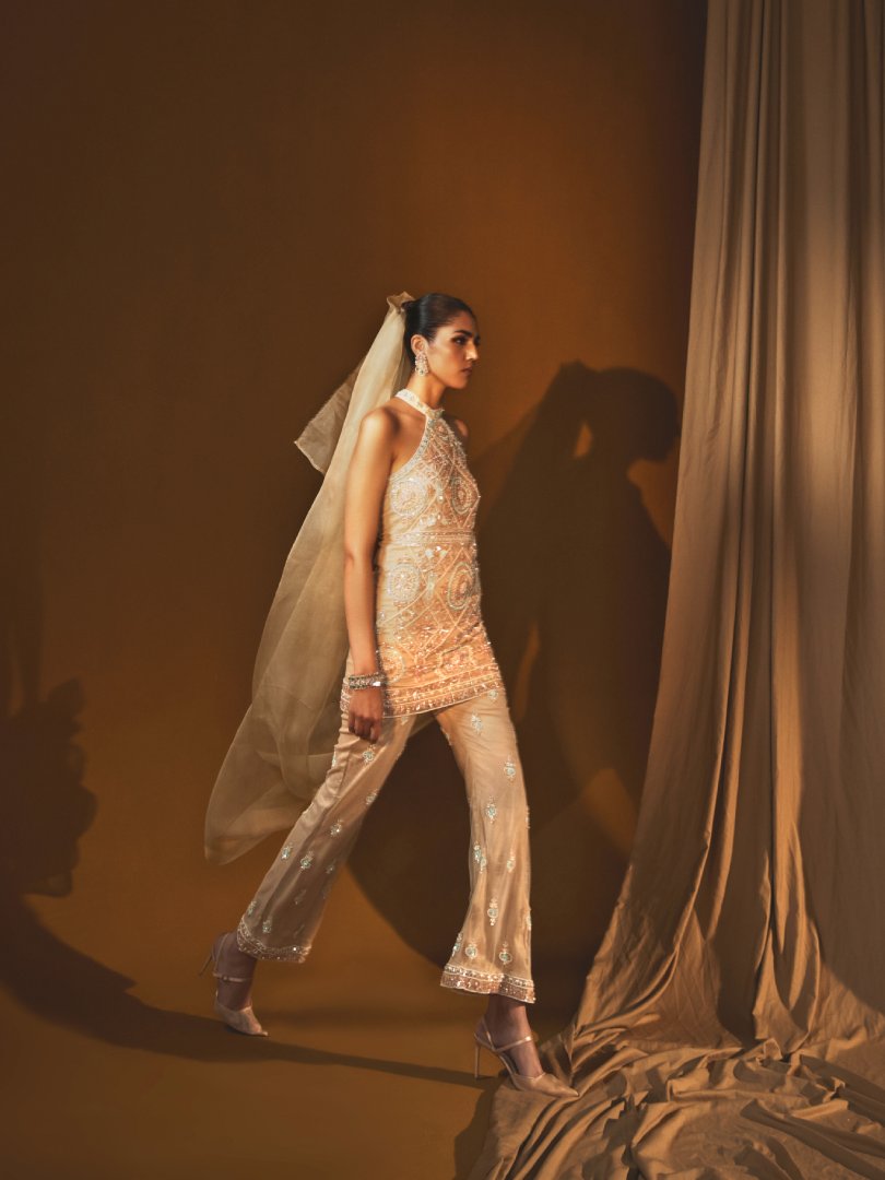 Gold Net Halter Top & Embellished Bell-Bottom Pant Set