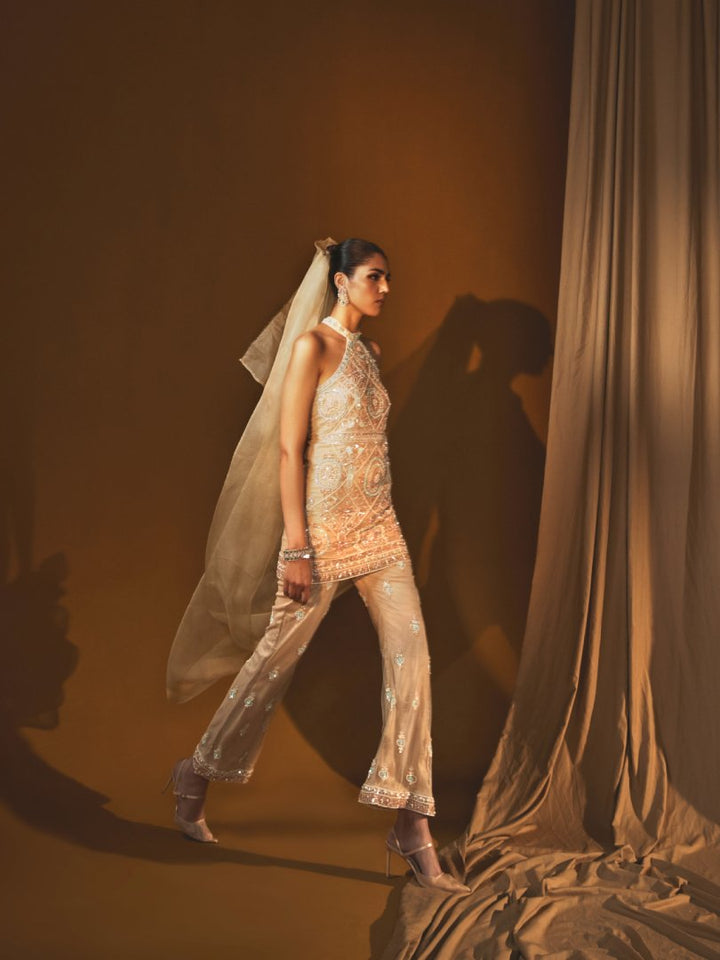 Gold Net Halter Top & Embellished Bell-Bottom Pant Set