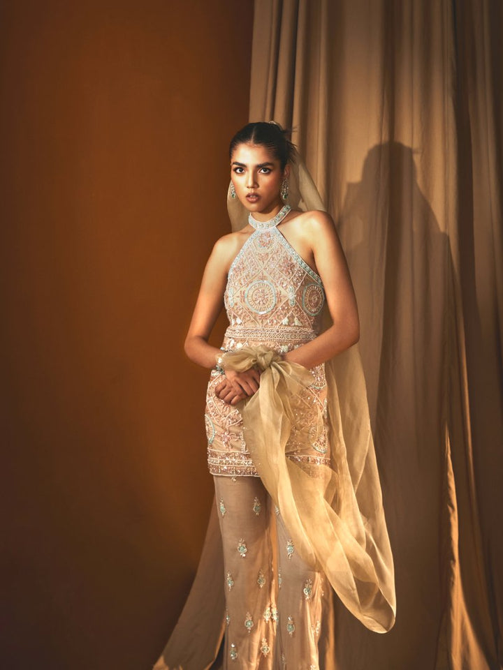 Gold Net Halter Top & Embellished Bell-Bottom Pant Set