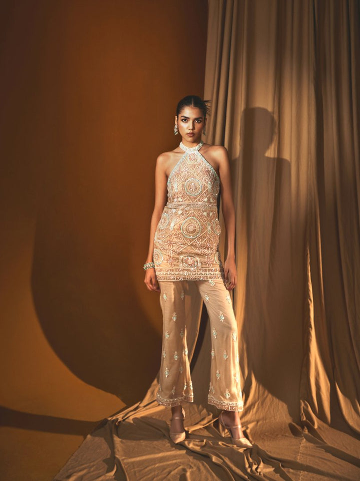 Gold Net Halter Top & Embellished Bell-Bottom Pant Set