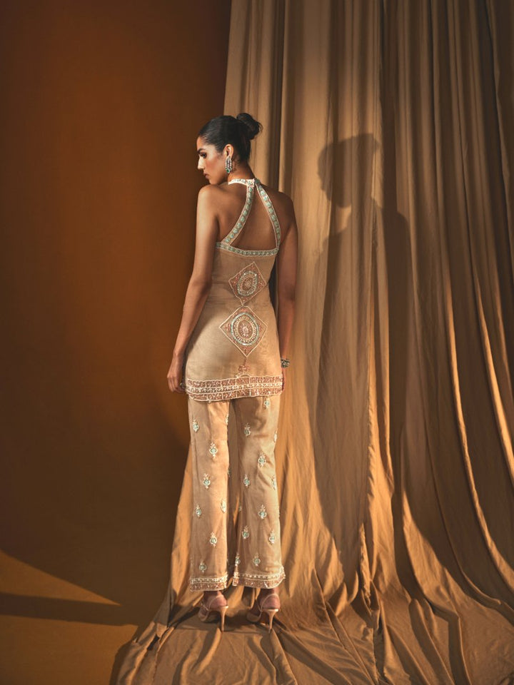 Gold Net Halter Top & Embellished Bell-Bottom Pant Set