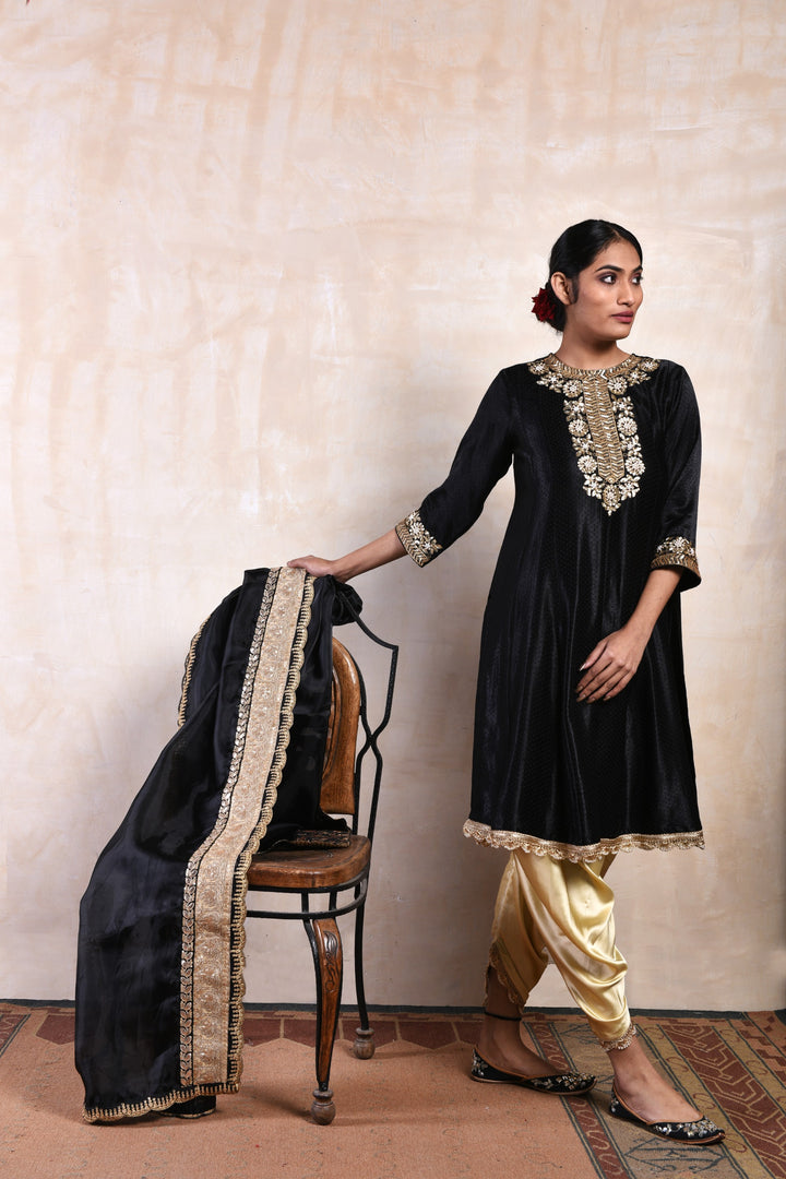 Black Velvet Kurta Set with Tulip Pants & Dupatta