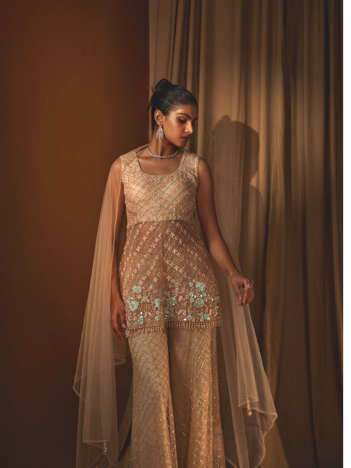 Dusty Rose Fully Embroidered Organza Jacket and high waisted pant Set