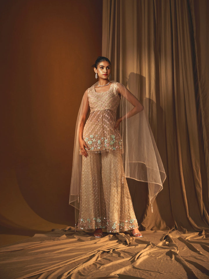 Dusty Rose Fully Embroidered Organza Jacket and high waisted pant Set