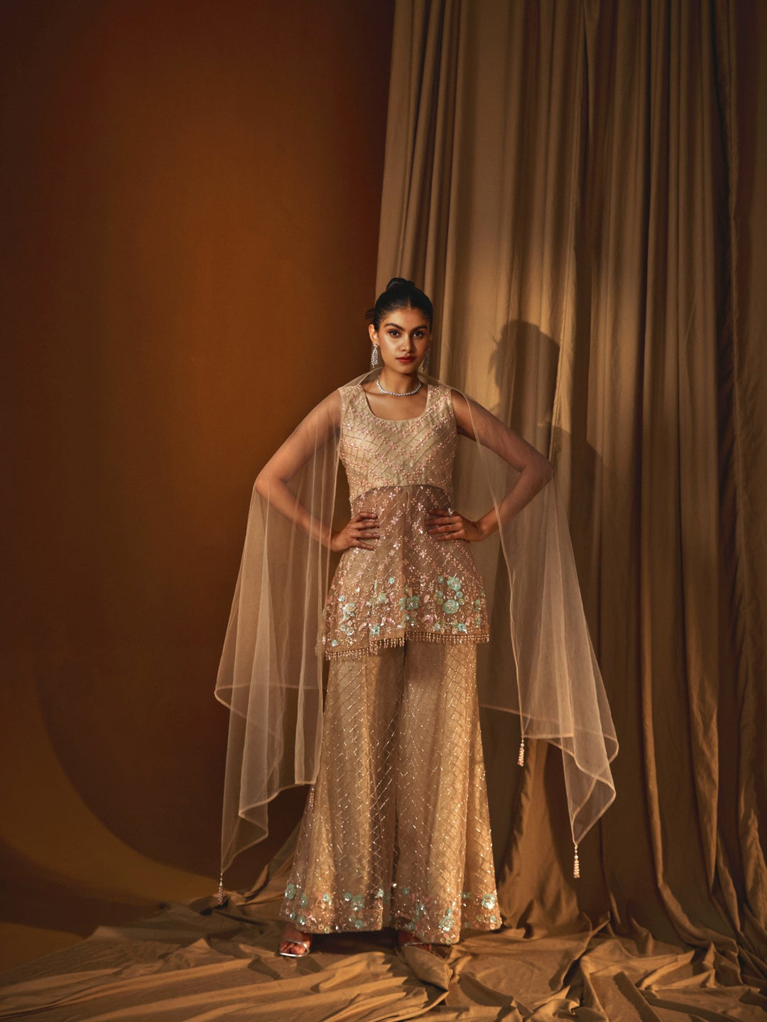 Dusty Rose Fully Embroidered Organza Jacket and high waisted pant Set