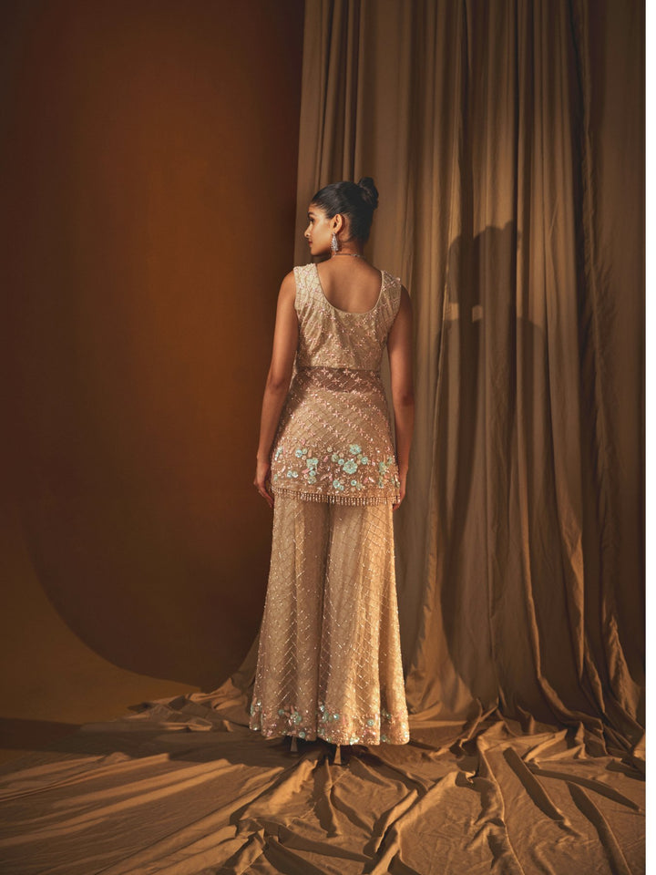 Dusty Rose Fully Embroidered Organza Jacket and high waisted pant Set