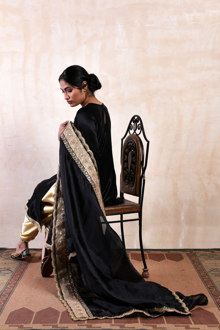 Black Velvet Kurta Set with Tulip Pants & Dupatta