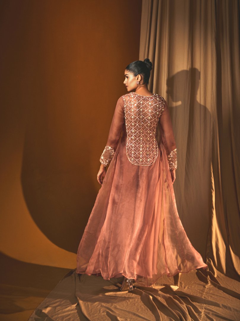 Peach Georgette Cape Blouse & Flared Pant Set with Hand-Embroidered Detailing