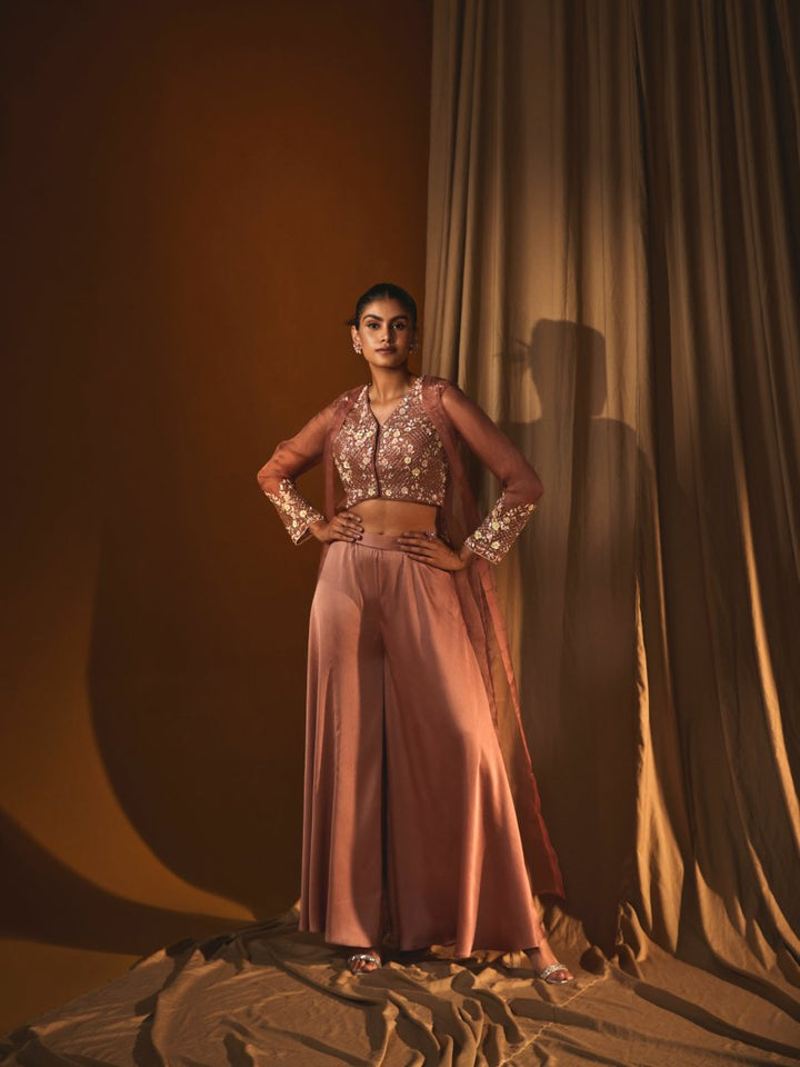 Peach Georgette Cape Blouse & Flared Pant Set with Hand-Embroidered Detailing