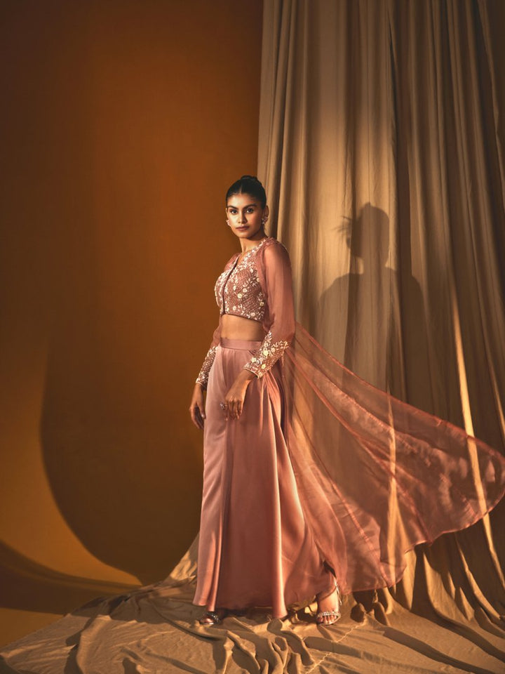 Peach Georgette Cape Blouse & Flared Pant Set with Hand-Embroidered Detailing
