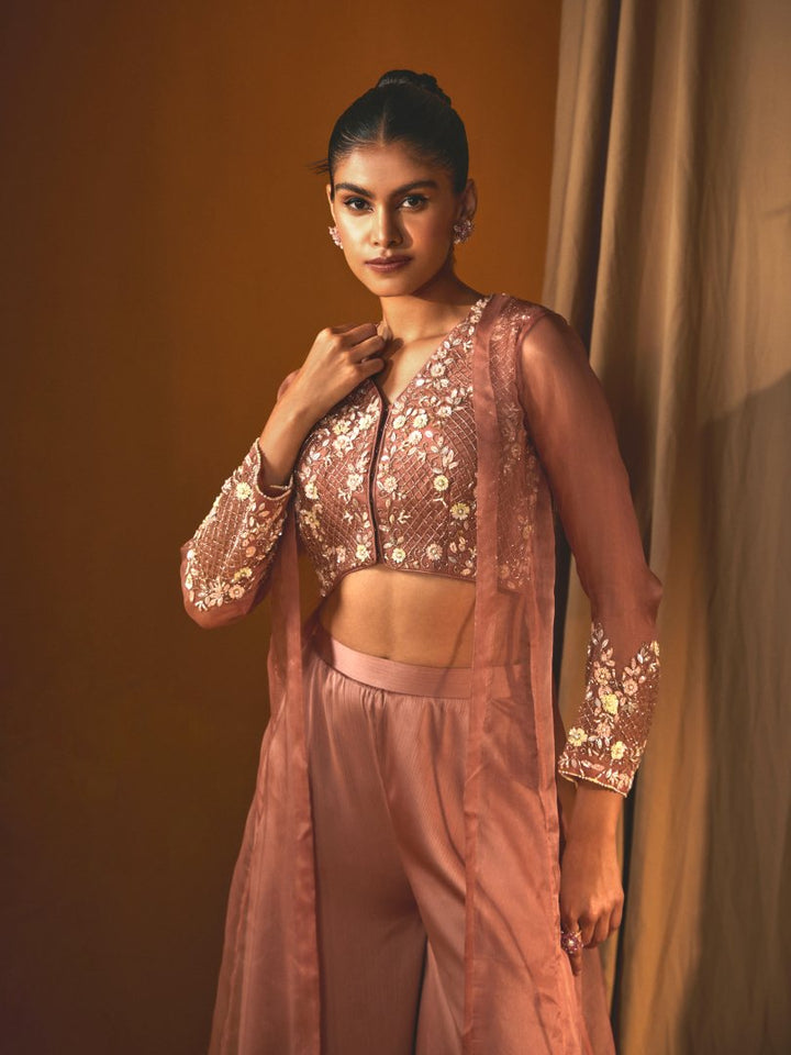 Peach Georgette Cape Blouse & Flared Pant Set with Hand-Embroidered Detailing