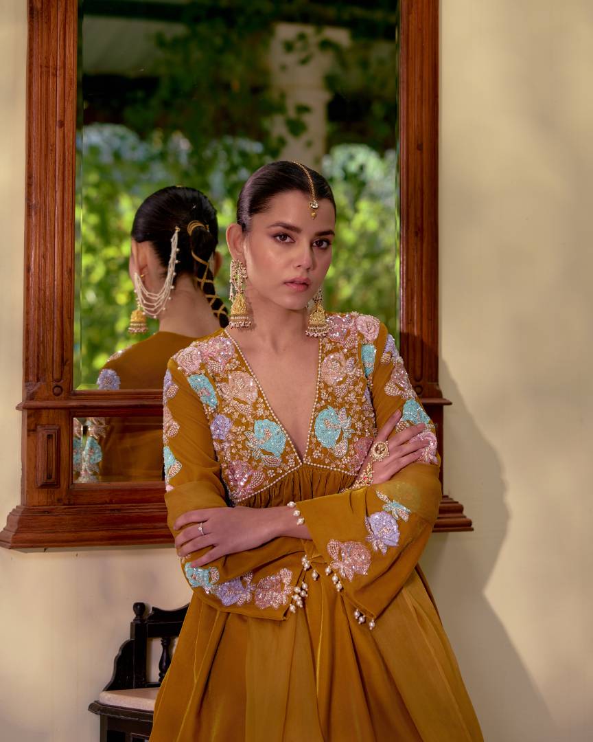 Deep mustard velvet with Pearl & Sequin Embroidery  Kurta Set