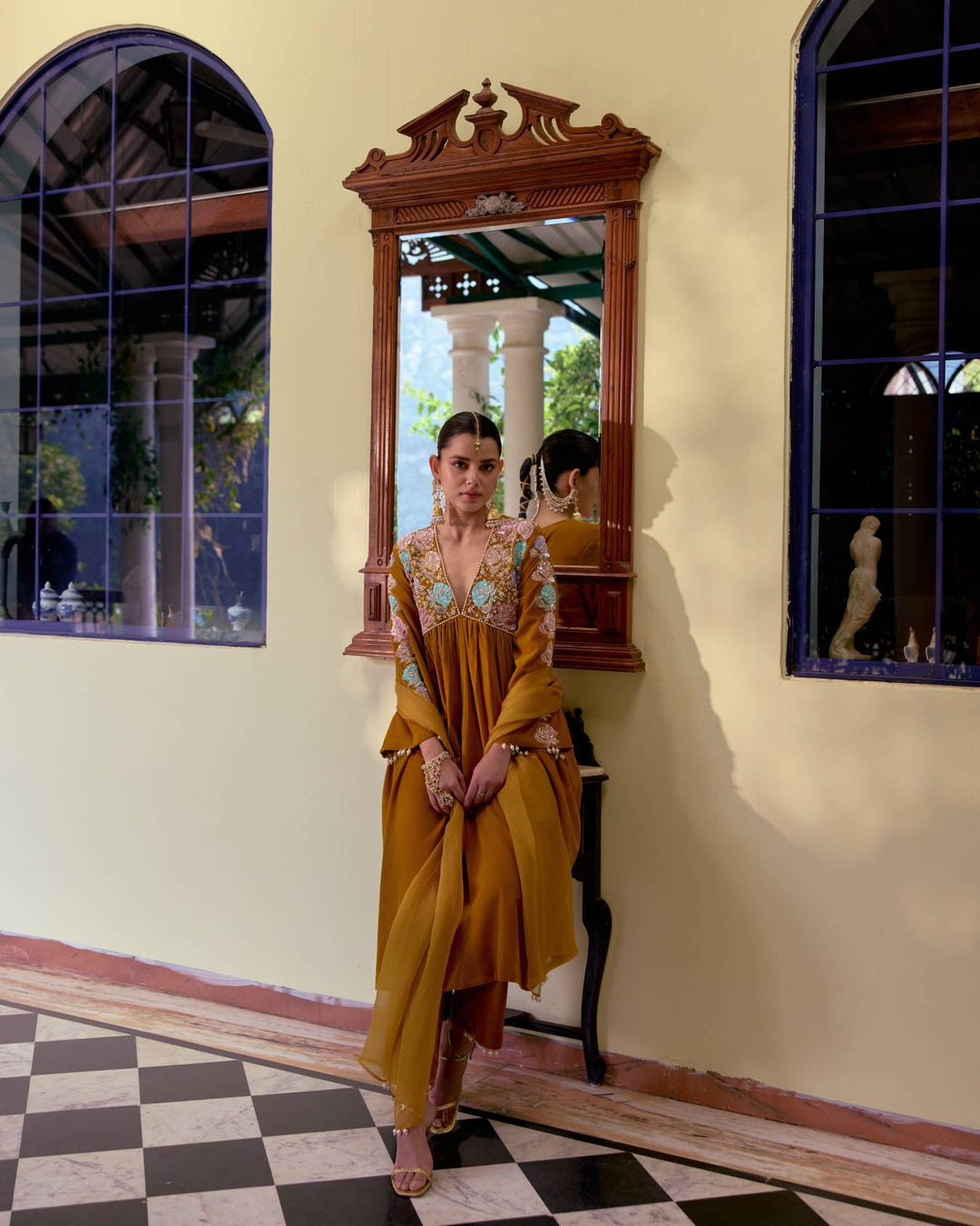 Deep mustard velvet with Pearl & Sequin Embroidery  Kurta Set