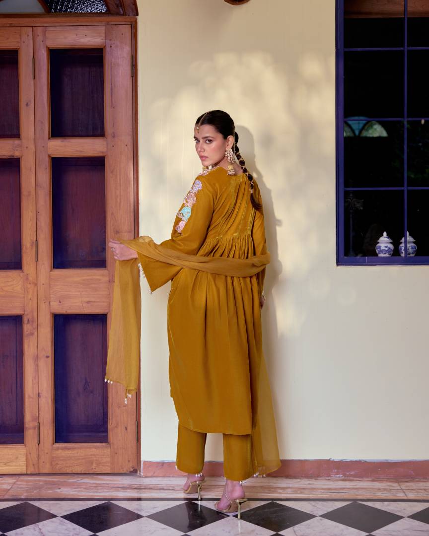 Deep mustard velvet with Pearl & Sequin Embroidery  Kurta Set