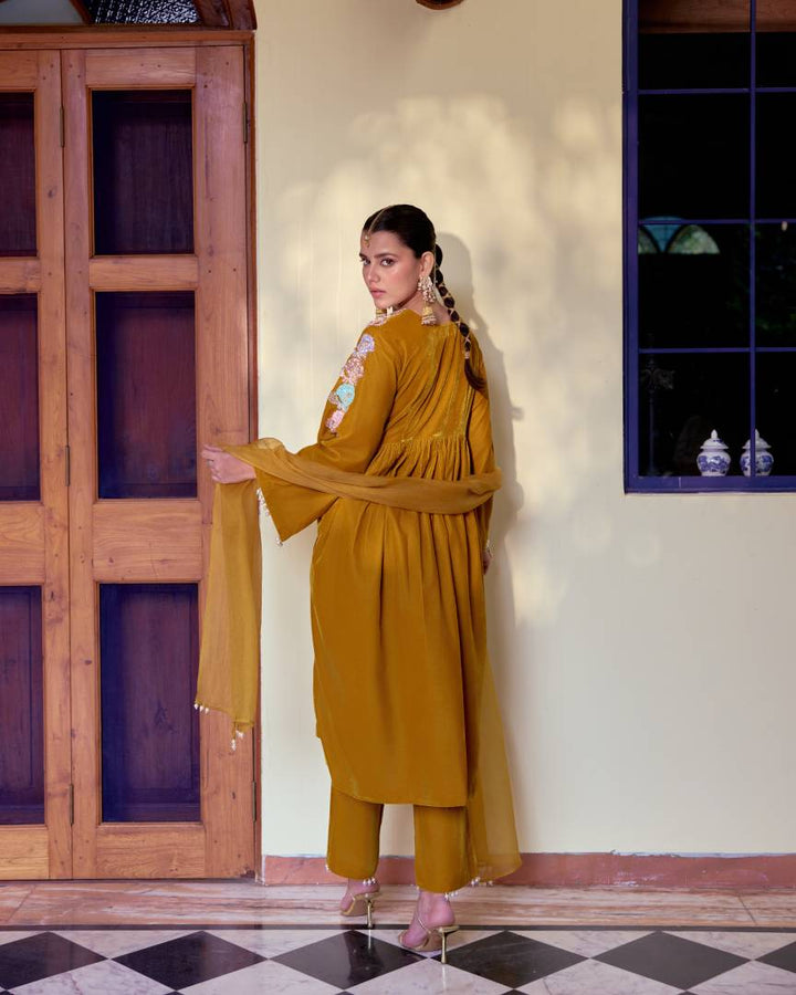 Deep mustard velvet with Pearl & Sequin Embroidery  Kurta Set