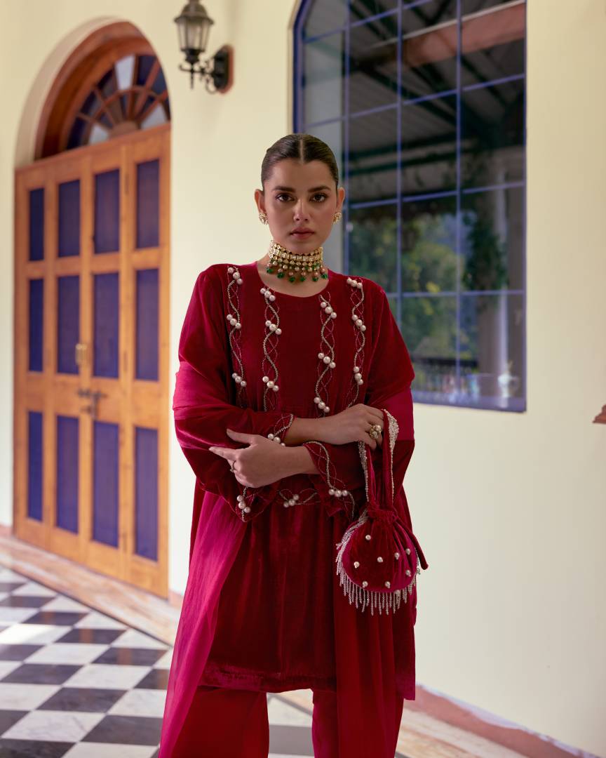 Crimson Luxe Pearl-Embroidered Velvet Salwar Set