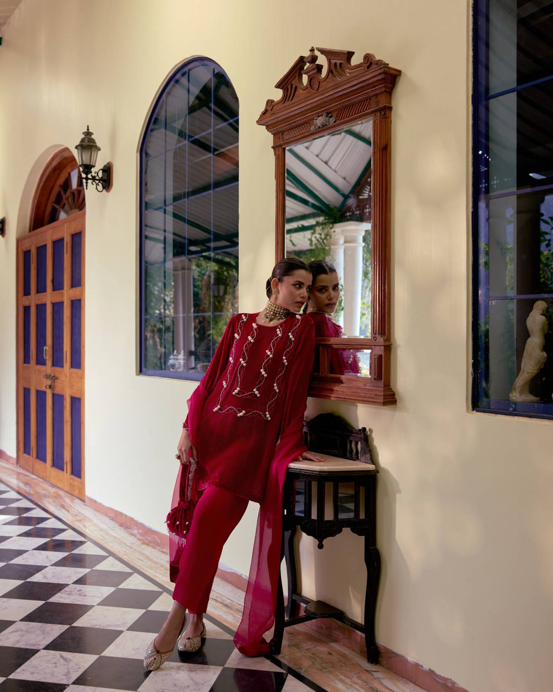 Crimson Luxe Pearl-Embroidered Velvet Salwar Set