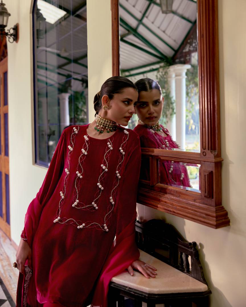 Crimson Luxe Pearl-Embroidered Velvet Salwar Set