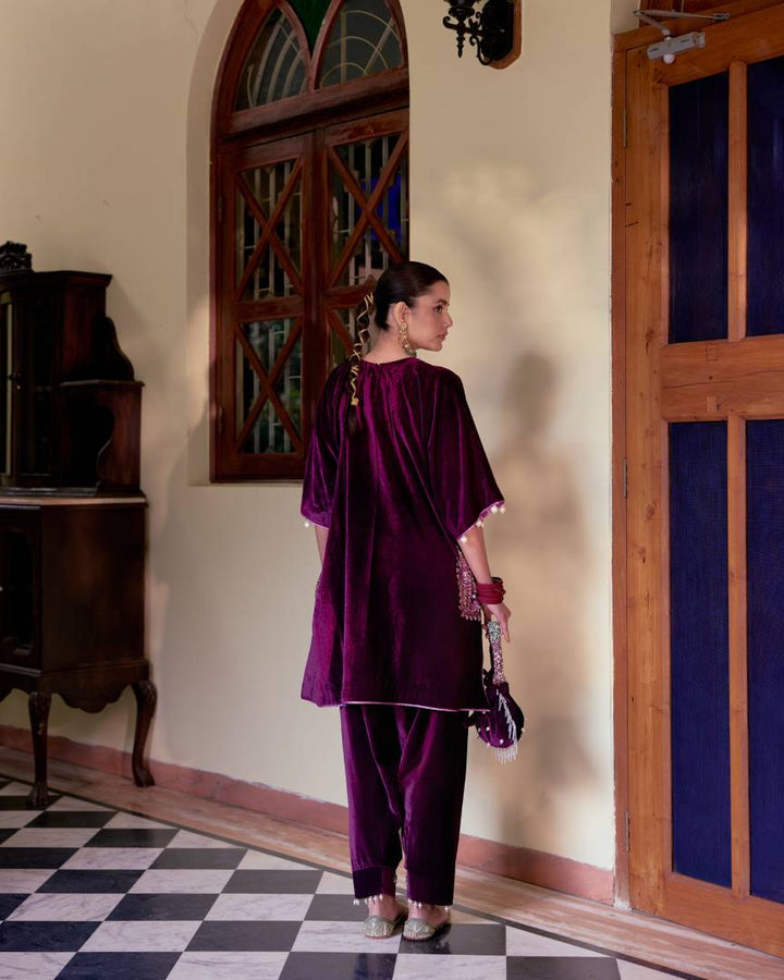 Plum Majestic Silver Embroidered Velvet Kurta Set