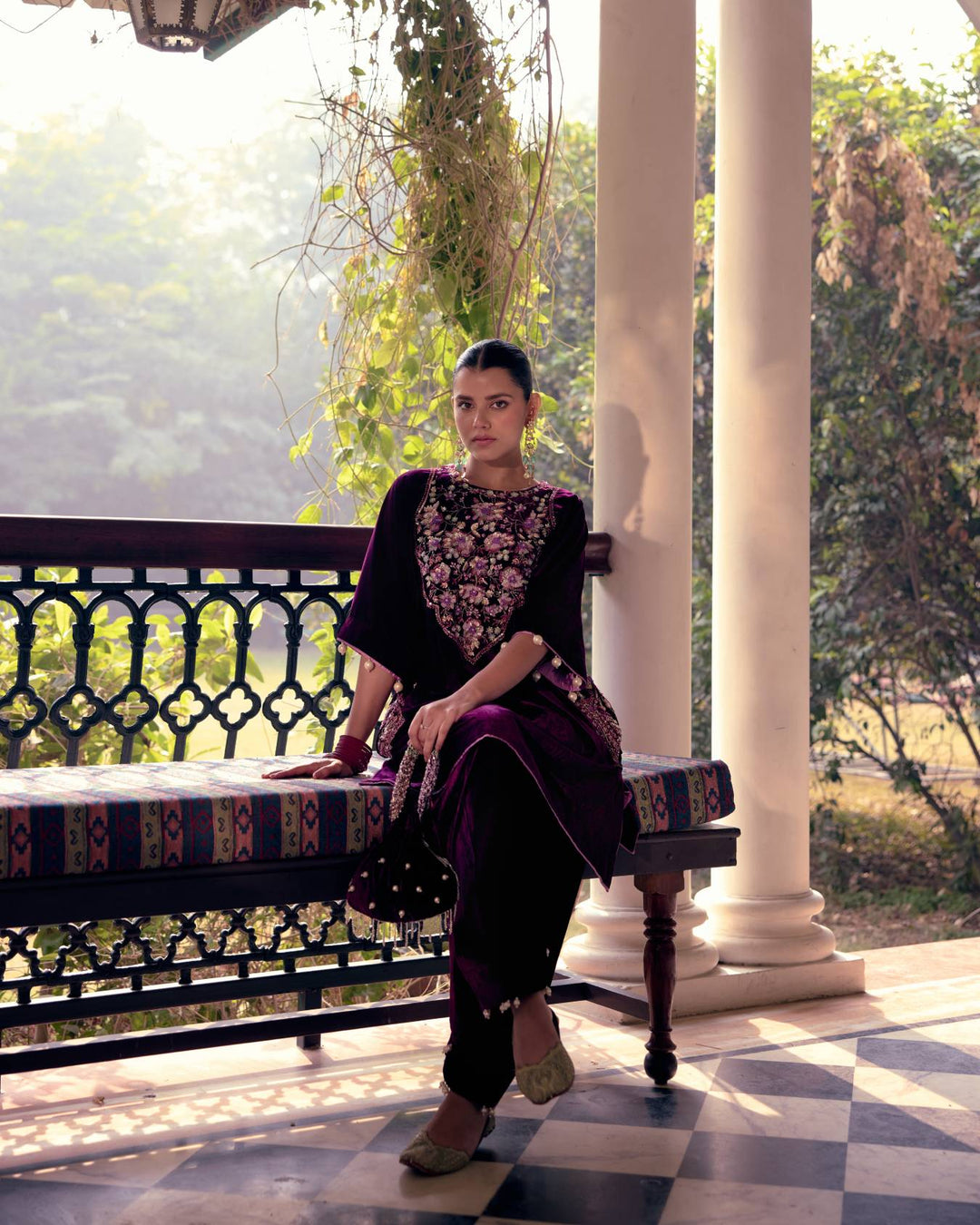 Purple Pearl & Crystal Embroidered Kaftan Set