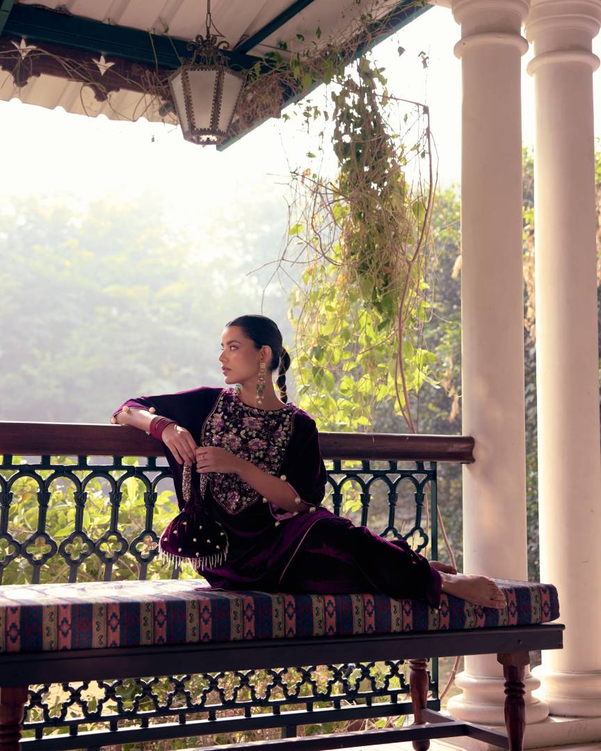 Purple Pearl & Crystal Embroidered Kaftan Set