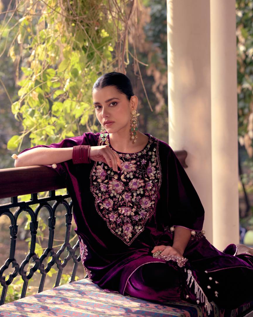 Purple Pearl & Crystal Embroidered Kaftan Set