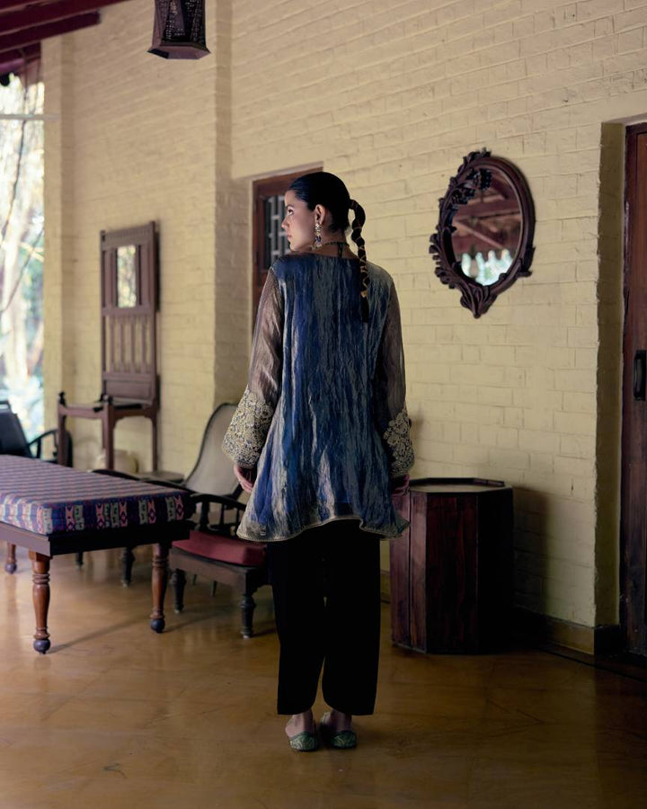 Azure Pearl & Sequin Embroidered Tissue Kurta Set