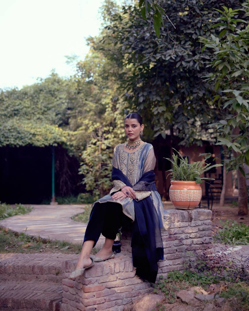 Azure Pearl & Sequin Embroidered Tissue Kurta Set