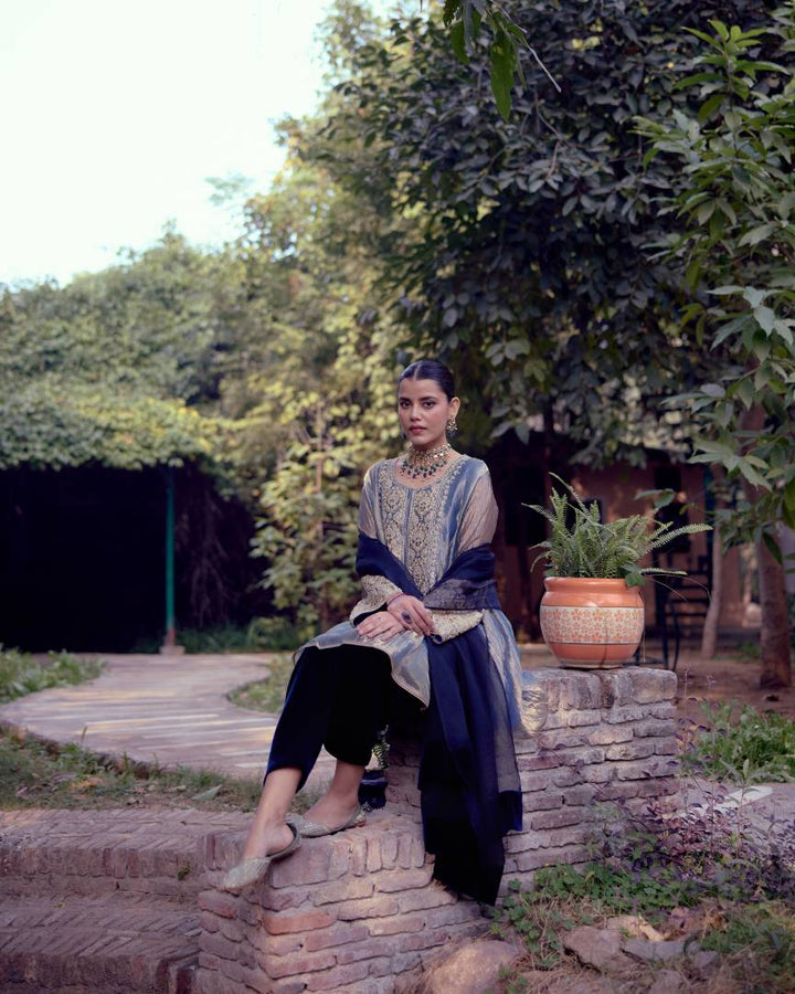 Azure Pearl & Sequin Embroidered Tissue Kurta Set