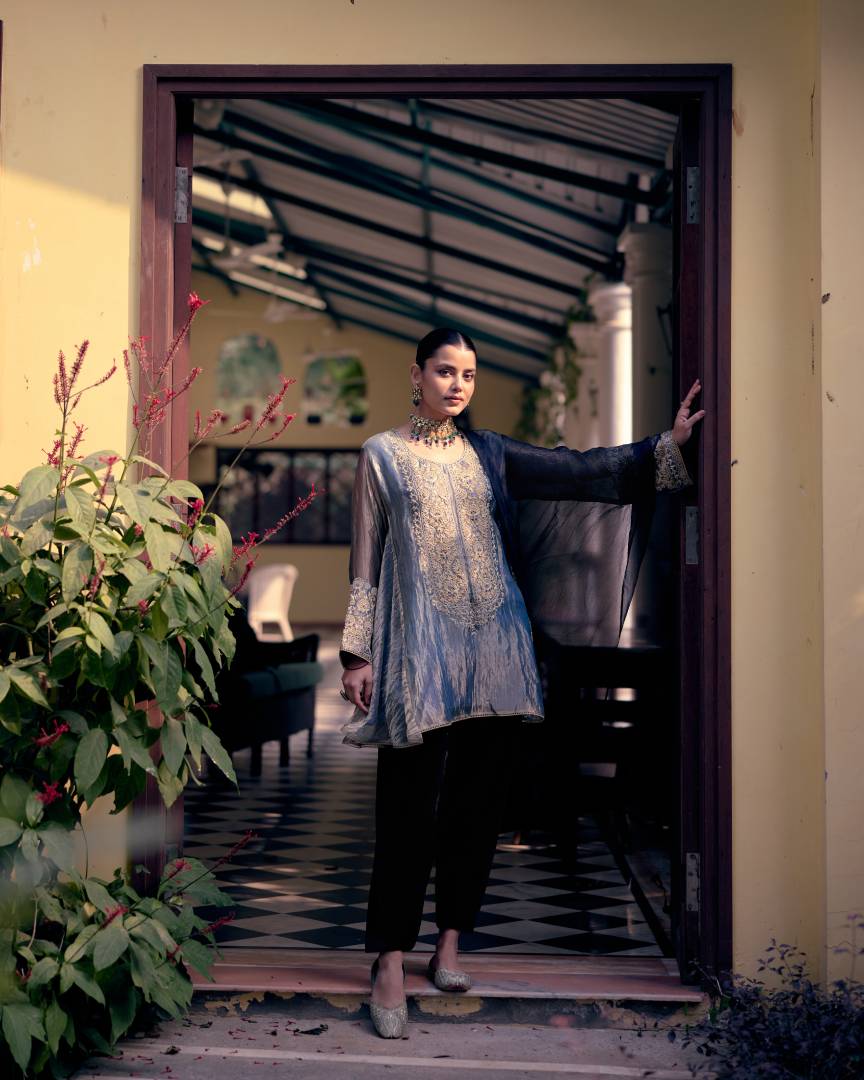 Azure Pearl & Sequin Embroidered Tissue Kurta Set