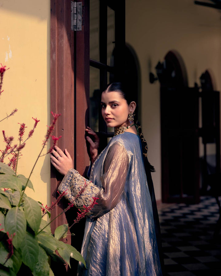 Azure Pearl & Sequin Embroidered Tissue Kurta Set