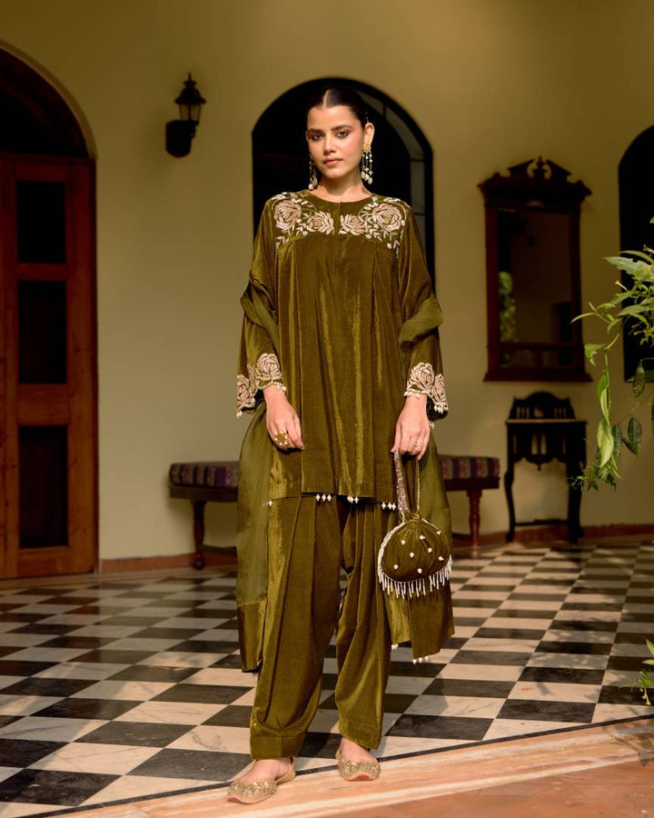 Olive Pearl & Sequin Embroidered Velvet Kurta Set