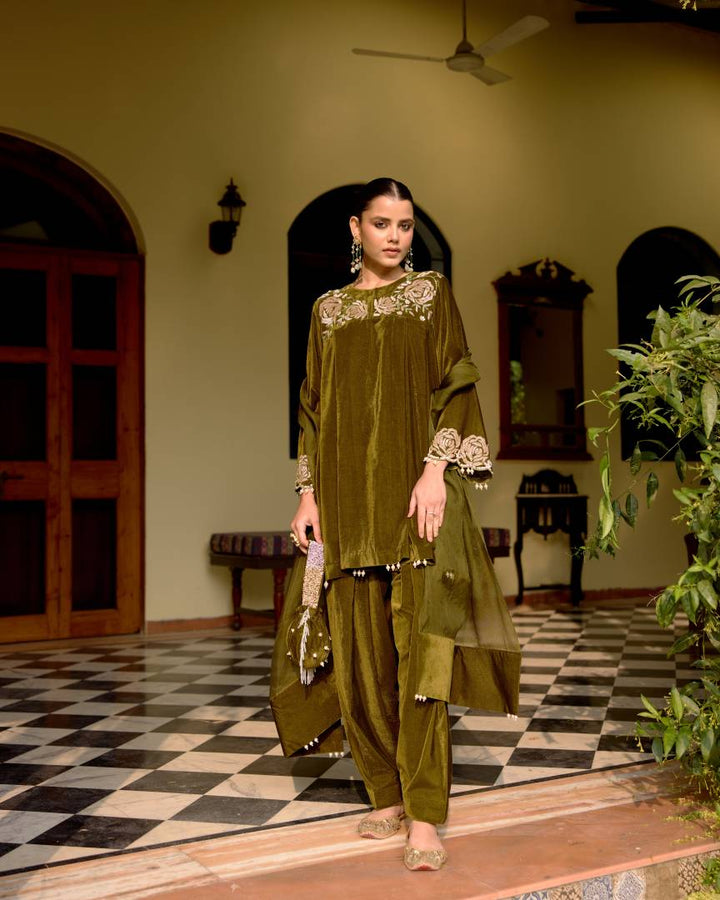 Olive Pearl & Sequin Embroidered Velvet Kurta Set