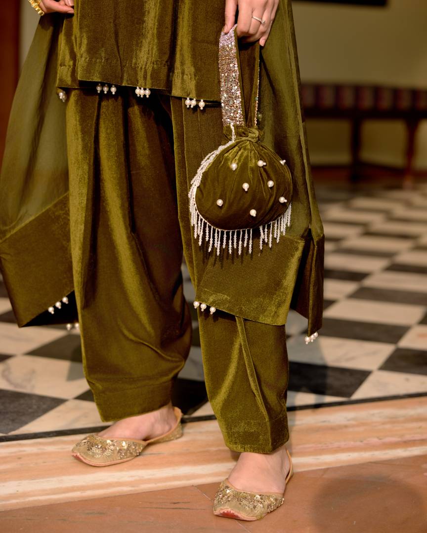 Olive Pearl & Sequin Embroidered Velvet Kurta Set