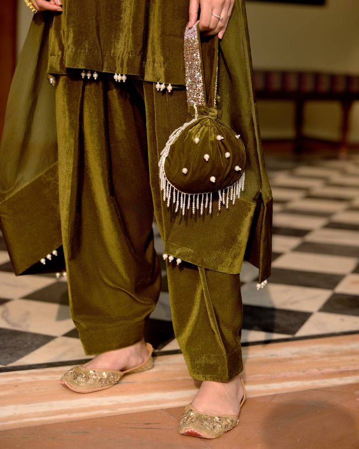 Olive Pearl & Sequin Embroidered Velvet Kurta Set