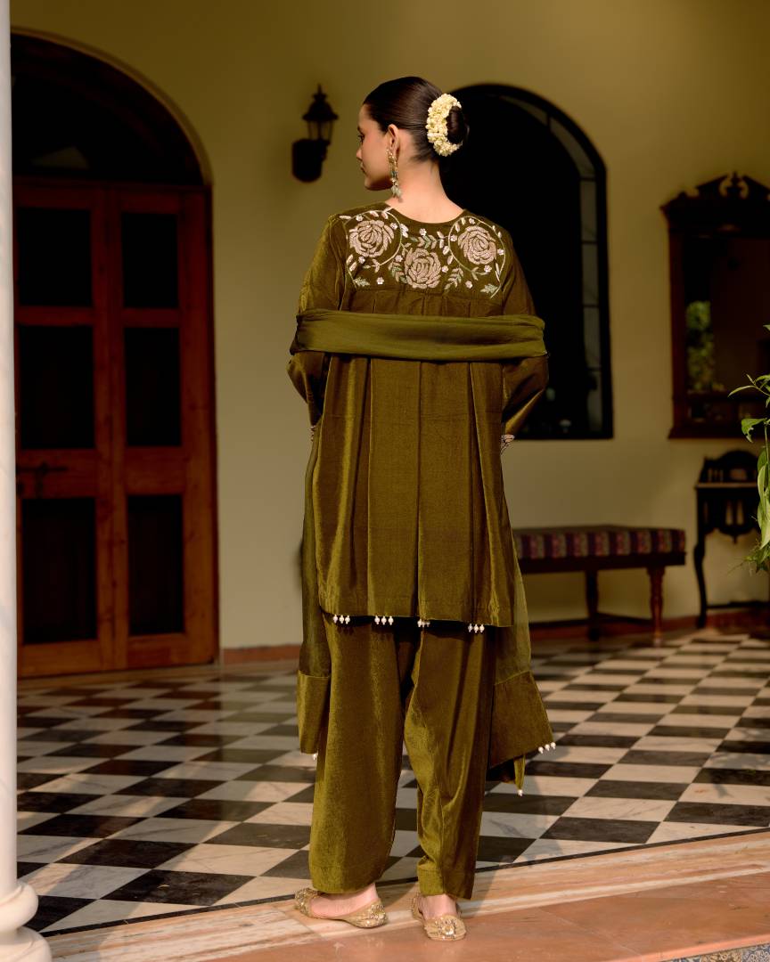 Olive Pearl & Sequin Embroidered Velvet Kurta Set