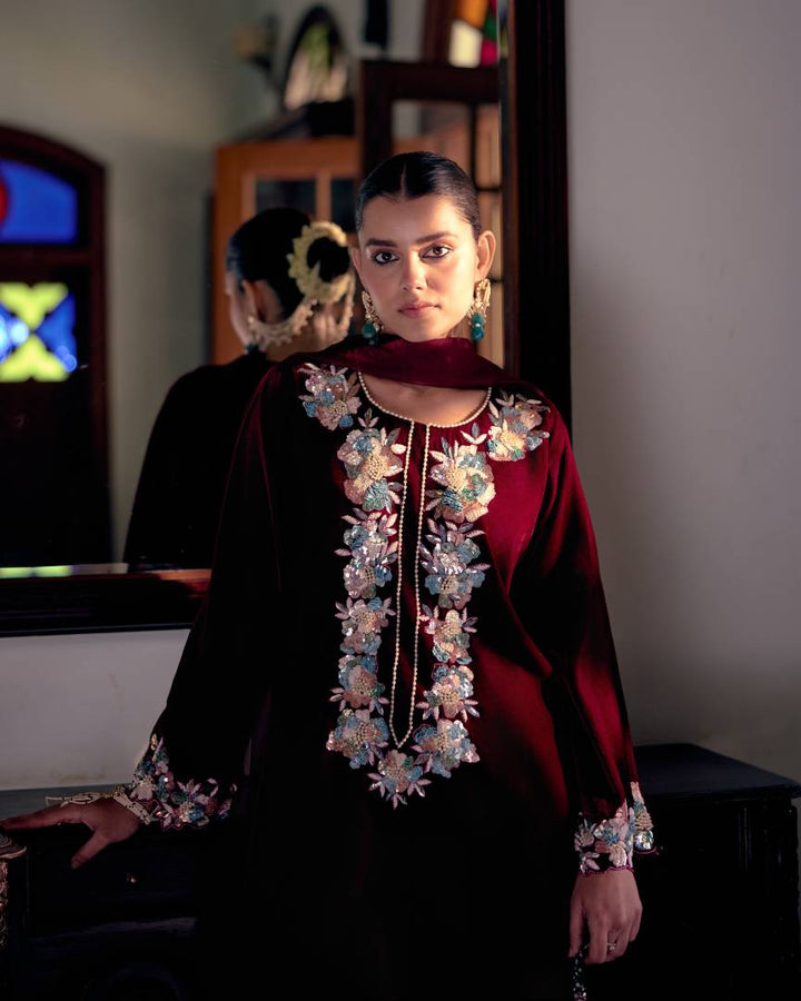 Burgundy Charm Floral Embroidered Velvet Kurta Set