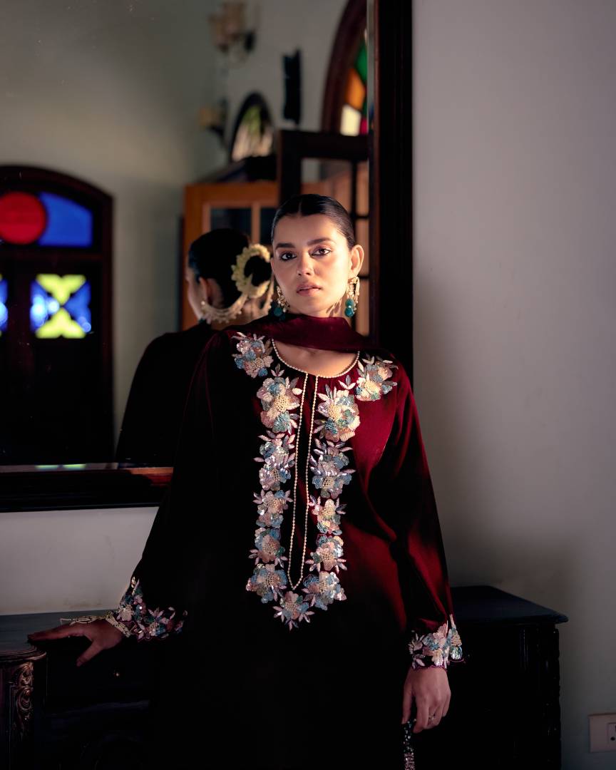 Burgundy Charm Floral Embroidered Velvet Kurta Set