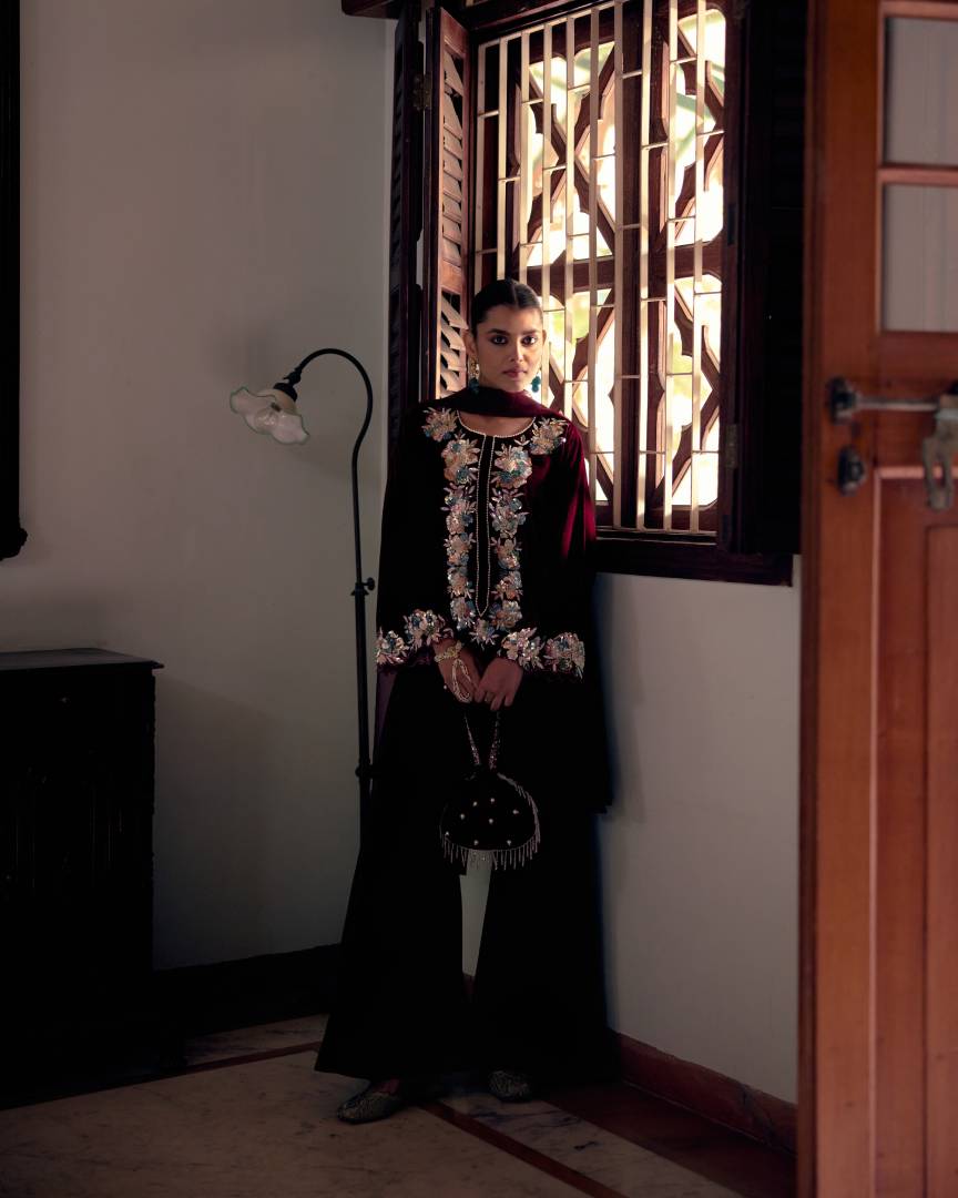 Burgundy Charm Floral Embroidered Velvet Kurta Set